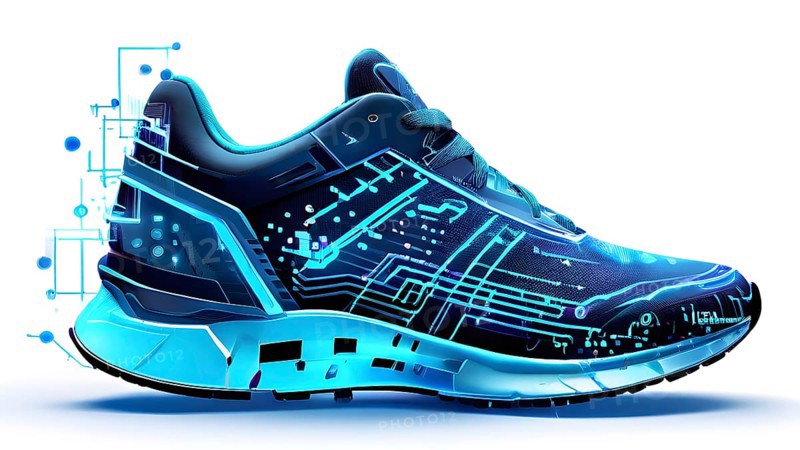 Sporting equipment, like a running shoe, breaking into pixels and data points, morphing into a network of neural nodes, AI generated
