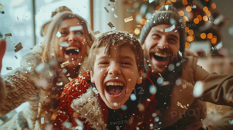 Young happy family laughing together on christmas morning amongst the confetti and wrapping paper they threw in the air. generative AI., AI generated