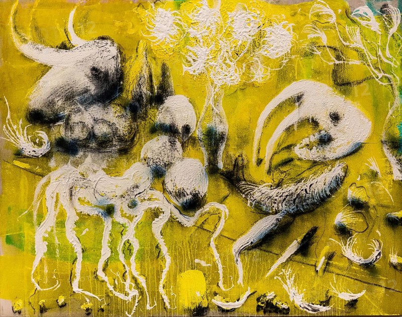 Yellow still life, 2021, mixed media on canvas, exhibition Miquel Barcelo, Vida y Muerte, Museum Kueppersmuehle, Duisburg, Germany- Editorial use only permitted