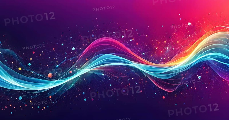Abstract illustration of digital wave forms and circuits converging to form abstract symbols of various sports, then dispersing into flowing particles, AI generated