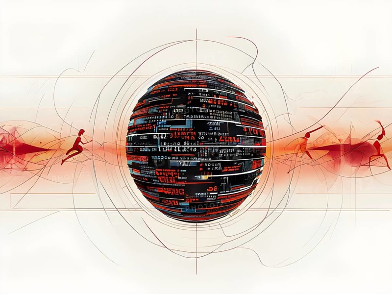Illustration of an abstract, vibrant orange colored rotating digital sphere with patterns resembling AI algorithms, surrounded by faint lines tracing athletic motions, AI generated