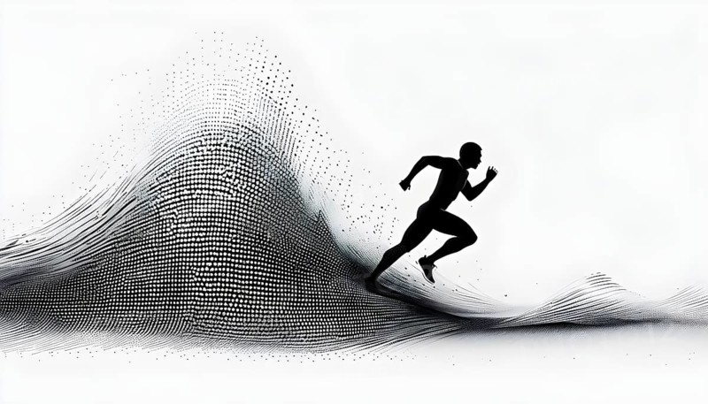 Wave of data points shaping into a runners silhouette, abstract illustration in black and white, conveying speed and precision guided by AI, AI generated