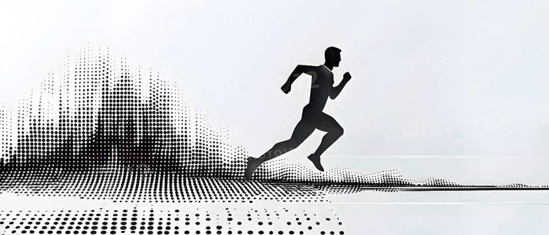 Wave of data points shaping into a runners silhouette, abstract illustration in black and white, conveying speed and precision guided by AI, AI generated
