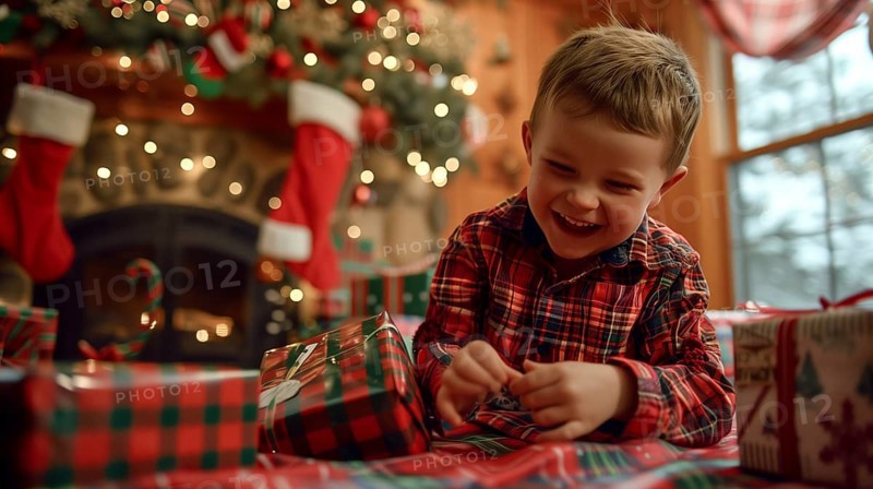 Happy young boy unwrapping his christmas gifts near the christmas tree. generative AI., AI generated