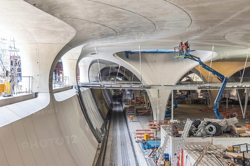 Impressions of the new Stuttgart 21 main station. The shell is finished, now it's time for the technical equipment. The 28 chalice-shaped columns supporting the roof of the underground through station are striking. Skylights with a diameter of around 21 metres provide daylight in the station. Stuttgart, Baden-Württemberg, Germany, Europe