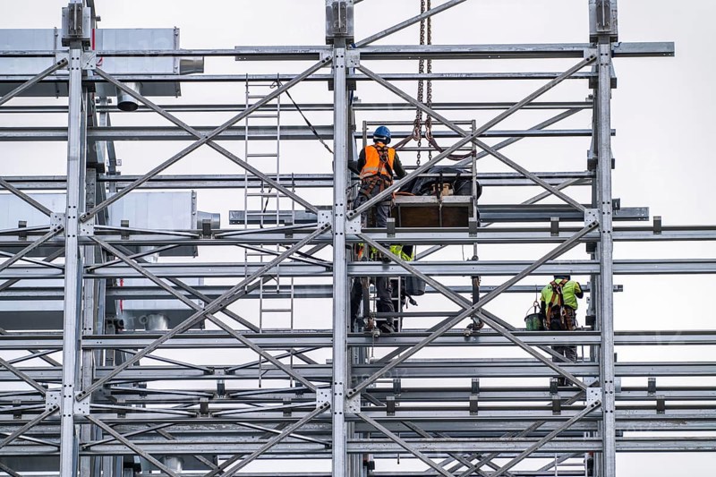 Construction of a high-bay warehouse, storage system for high space utilisation, in steel construction, North Rhine-Westphalia, Germany, Europe