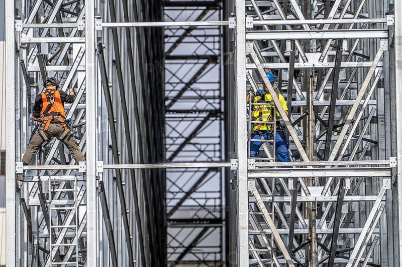 Construction of a high-bay warehouse, storage system for high space utilisation, in steel construction, North Rhine-Westphalia, Germany, Europe