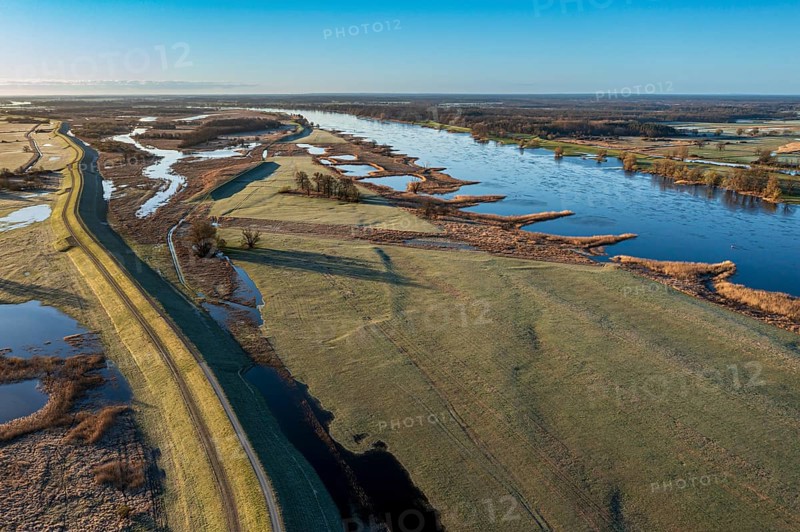Aerial view of new dyke construction further inlands than the old dyke, flood protection, river Elbe near village Lenzen, dyke is part of Elbe cycle route, Germany, Europe