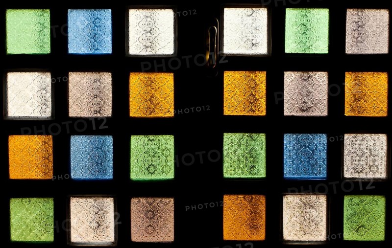 Contemporary stained glass window at Notre Dame de la delivrance church, Popenguine, Senegal. Popenguine is a christian pilgrimage site since the apparition of the black madonna in 1986