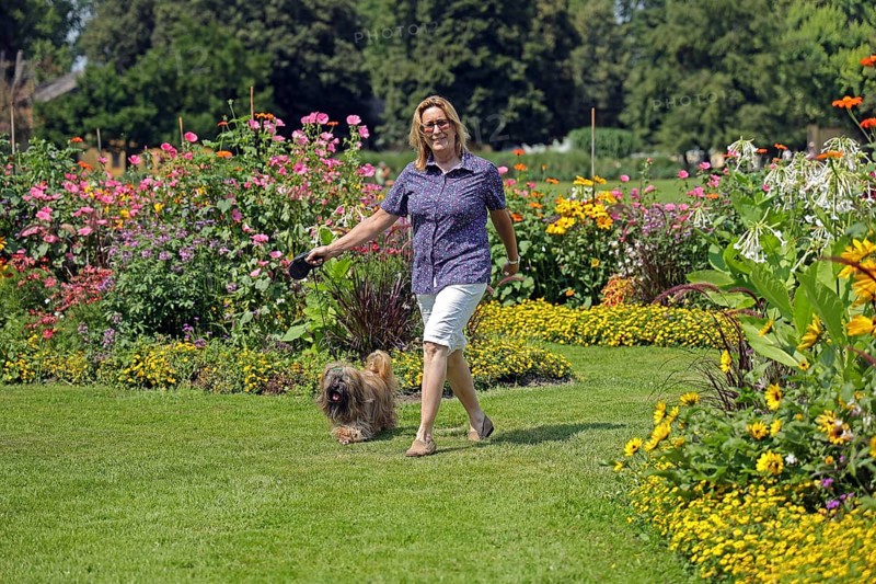Woman takes Lhasa Apso for a walk in the park