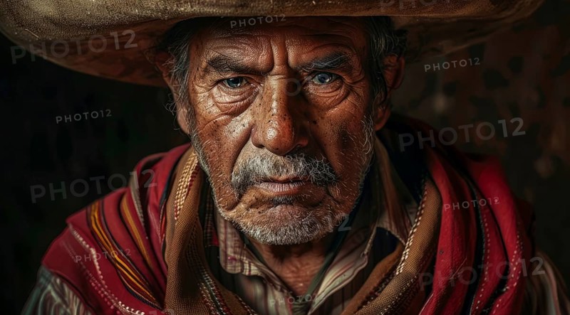 Authentic gaucho portrait. A man with a cowboy hat and beard is looking at the camera, AI generated