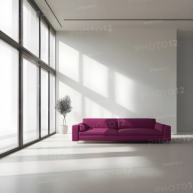 Minimalist living room with clean lines and neutral tones, featuring a modern magenta colored sofa, AI generated