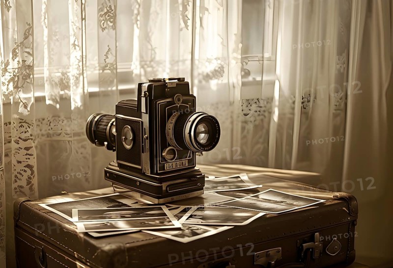 Vintage film camera surrounded by black and white photos in soft sunlight, AI generated