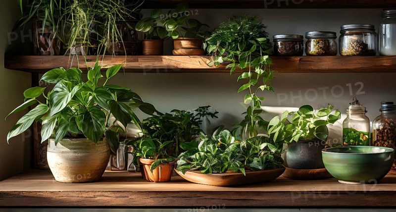 A sunlit kitchen corner, with a rustic wooden shelf holding neatly arranged ceramic bowls and a single, vibrant green houseplant, AI generated