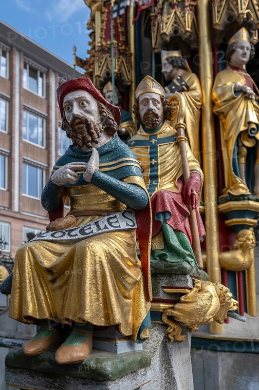 Aristotle and Ambrose, figures at the Beautiful Fountain, Main Market Square, Nuremberg, Middle Franconia, Bavaria