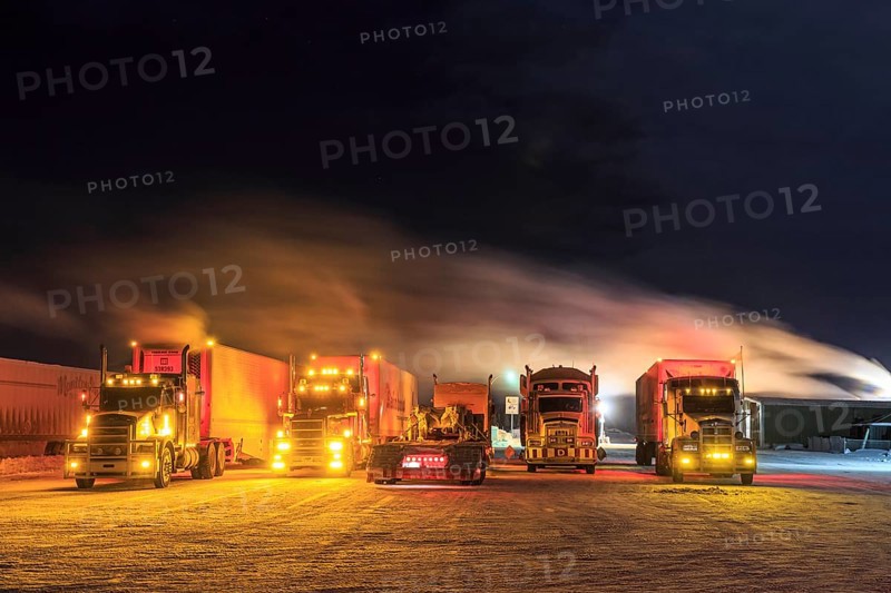 Truck, trucks, running engine, snow, winter, cold, Arctic, night shot, Eagle Plaines, Dempster Highway, Yukon, Canada, North America