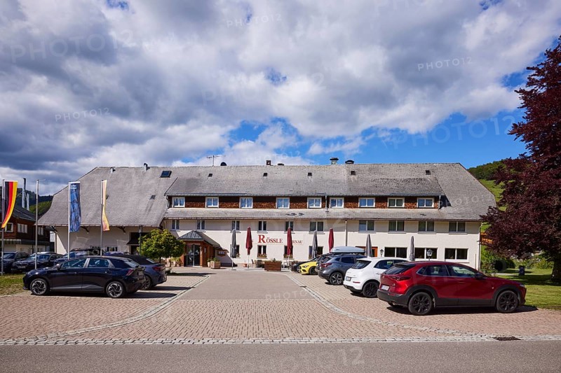Hotel Rössle Bernau and car park in the Innerlehen district, Bernau im Schwarzwald, Black Forest, Waldshut district, Baden-Württemberg, Germany, Europe