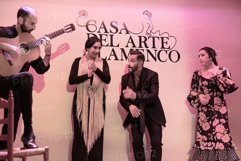 Flamenco performance with musicians and dancers in festive dress on a stage, Granada