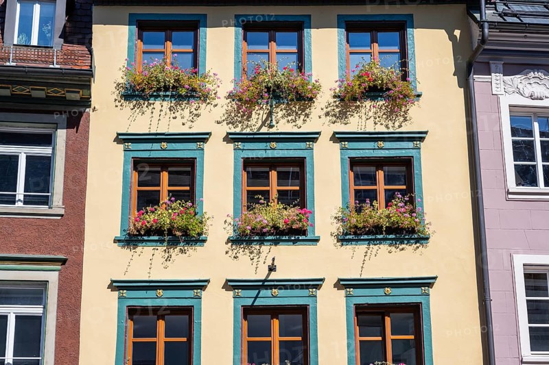 House facade, historic town houses, town houses in detail with decorated windows, in the historic old town of Villingen, Villingen-Schwenningen, Black Forest district, Baden-Württemberg, Germany, Europe