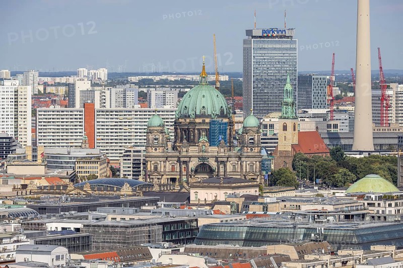 Berlin Cathedral, prefabricated buildings in East Berlin. View from the panorama point Kollhoff-Tower at Potsdamer Platz, city view. Berlin, Germany, Europe
