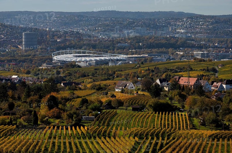 View of MHPArena, MHP Arena, Gaskessel, Stuttgart, over vineyard, vines, grapevines, viticulture, autumn colouring, autumn, Kappelberg, Fellbach, Waiblingen, Baden-Württemberg, Germany, Europe