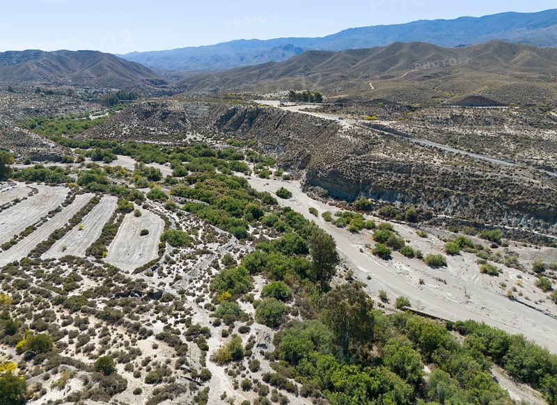 Dry mountainous landscape with river beds and sparse vegetation, aerial view, Tabernas Desert, Desierto de Tabernas, Tabernas, Almeria, Andalusia, Spain, Europe