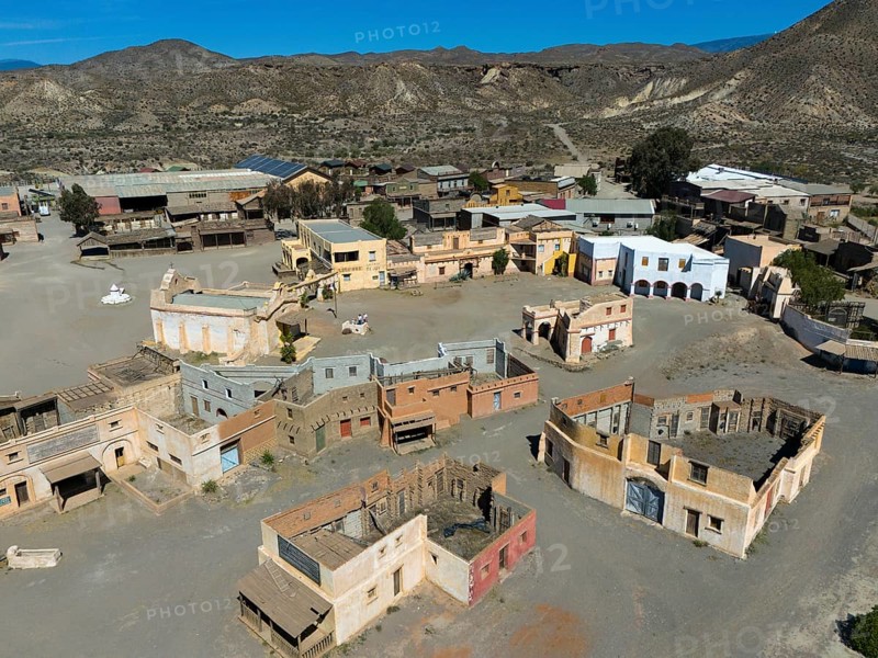 Close-up of an abandoned Wild West town with various buildings in the desert, aerial view, Fort Bravo, western town, desert, Desierto de Tabernas, Tabernas, Almeria, Andalusia, Spain, Europe