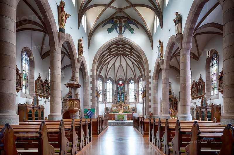 Interior view, nave, choir, altar, New Parish Church of the Assumption of the Virgin Mary, Scena, South Tyrol, Autonomous Province of Bolzano, Italy, Europe