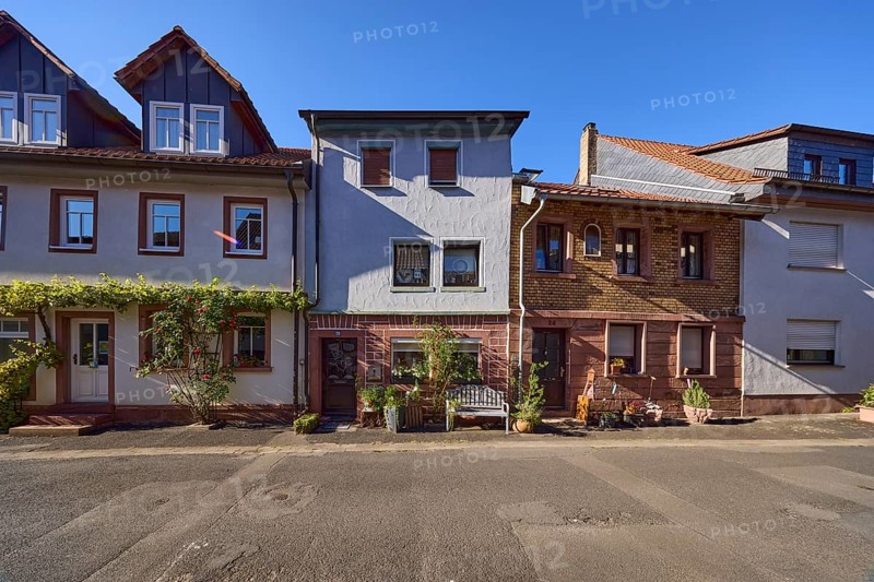 Facades of houses with flowers, bench and vine (Vitis vinifera) in the evening sun in the Abteigasse in Amorbach, Lower Franconia, district of Miltenberg, Bavaria, Germany, Europe