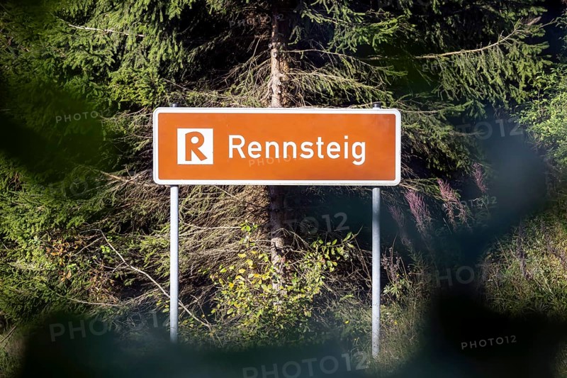 Rennsteig, popular hiking trail in the Thuringian Forest with signposts. Oberhof, Thuringia, Germany, Europe