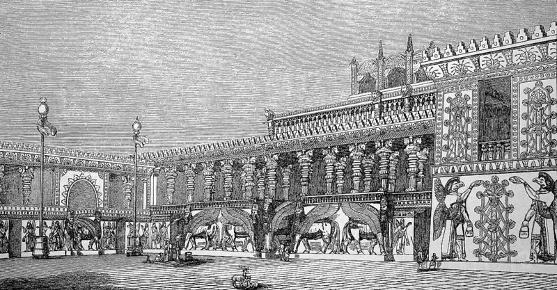 Reconstruction of the north wing of the palace of Khorsabad, Assyrian city in present-day Iraq, illustration from 1870, historical, digital reproduction of an original from the 19th century