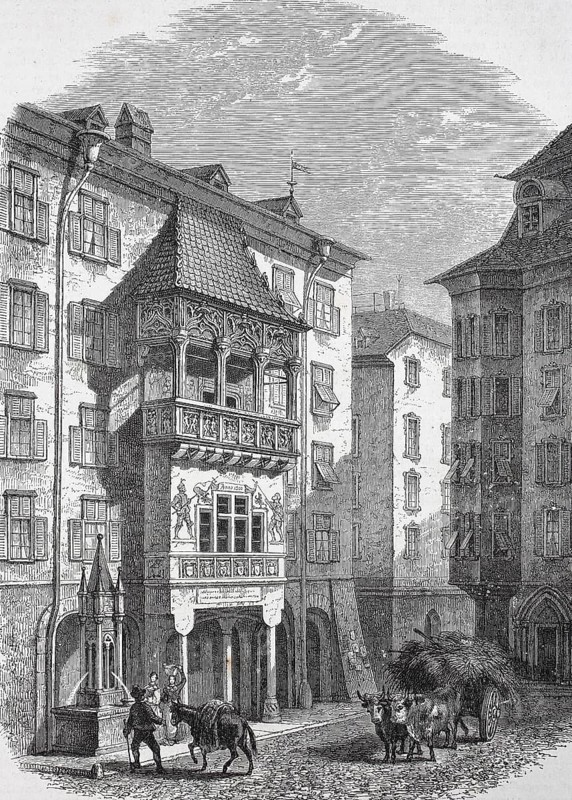 Historical, digitally restored reproduction from a 19th century original, Record date not stated, The Golden Roof of Innsbruck in 1855, Austria, Europe