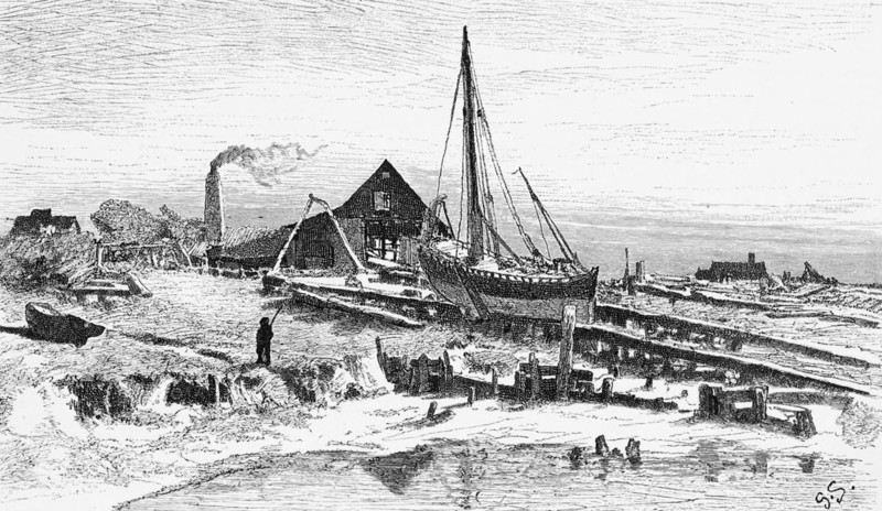Shipyard on the Ems, East Frisia, Lower Saxony, riverside, craft, shipbuilder, repair, planks, glide, single-master, chimney, smoke, building, Germany, historical illustration 1880, Europe