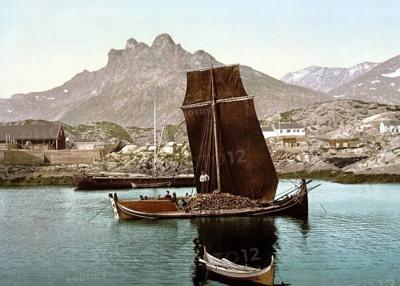 Print shows a Nordlandsbåt ship, outside of the town of Svolvær in the Lofoten district, Nordland county, Norway, View from 1885, Historic, digitally restored reproduction from a 19th century original, Record date not stated, Europe