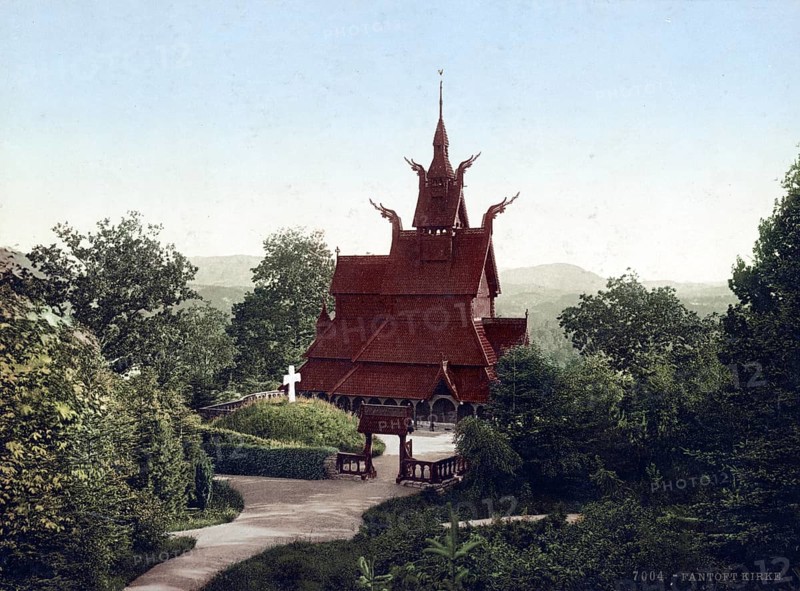 Fantoft Stave Church, Fortun, Fantoft district, Bergen, Norway, 1890, Historical, digitally restored reproduction from a 19th century original, Record date not stated, Europe