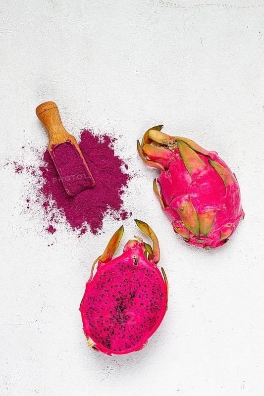 Pitaya powder, dragon fruit, freeze-dried powder, top view, no people