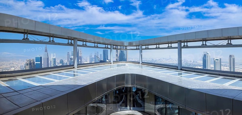 UAE, Skywalk Sky Views observation deck. Dubai panoramic skylineof city downtown and Dubai Mall.