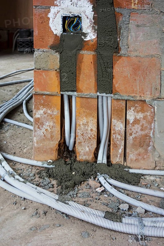 Electric wires, electrical cables, wiring on the floor to electrical outlets, power points, wall sockets in newly built house under construction