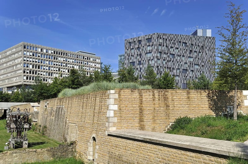 Office buildings and ramparts of the ancient fortress Vauban, Fort Thüngen at Kirchberg, Luxembourg, Europe