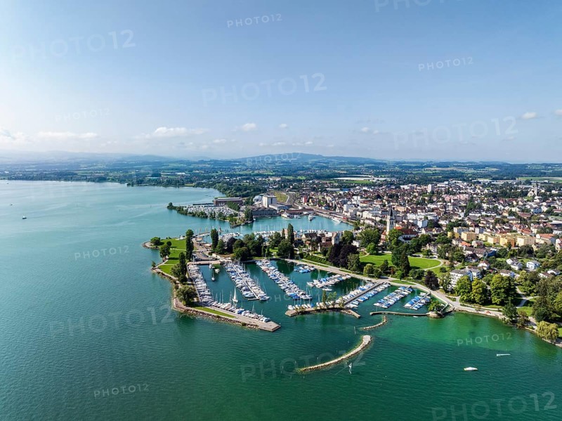 Harbour area, ferry port, yacht harbour, marina of Romanshorn with lake park, aerial view, Lake Constance, Canton Thurgau, Switzerland, Europe