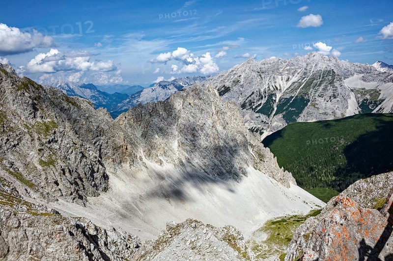 At the Hafelekar, view from the Karwendelblick of the Innsbruck Nordkette to the Karwendel mountains of the Alps, Alpine landscape, Innsbruck, Tyrol, Austria, Europe