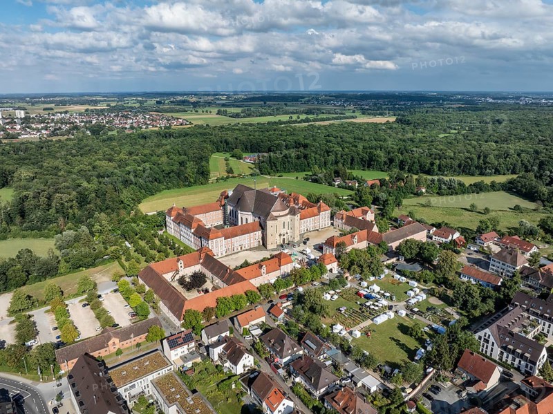 Aerial view of the Wiblingen monastery complex, former Benedictine abbey then castle and barracks, Ulm, Baden-Württemberg, Germany, Europe