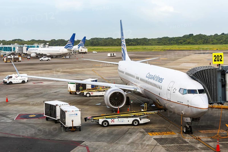 A Boeing 737-9 MAX aircraft of Copa Airlines with the registration HP-9904CMP at the airport in Tocumen, Panama, Central America