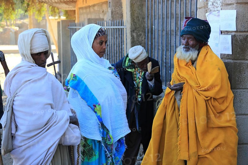 Tigray region, city of Axum, Aksum, believers, pilgrims in front of the church, Ethiopia, Africa