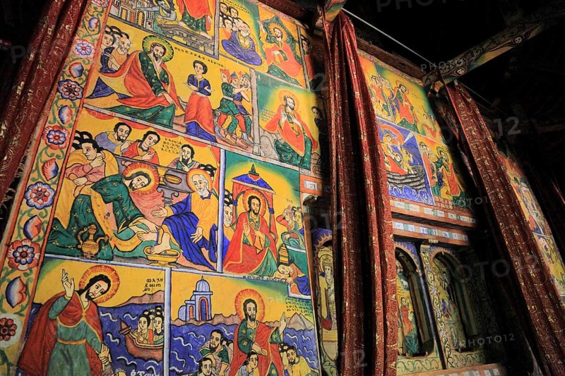 Ahamra region, Azoa Maryam round church on the Zeghie peninsula in Lake Tana, Lake Tsana or Lake Dembea, mural painting, Ethiopia, Africa