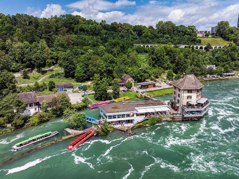 Aerial view of the landing stage, boat harbour and Schlössli Wörth with panorama restaurant below the Rhine Falls, Neuhausen, Canton Schaffhausen, Switzerland, Europe
