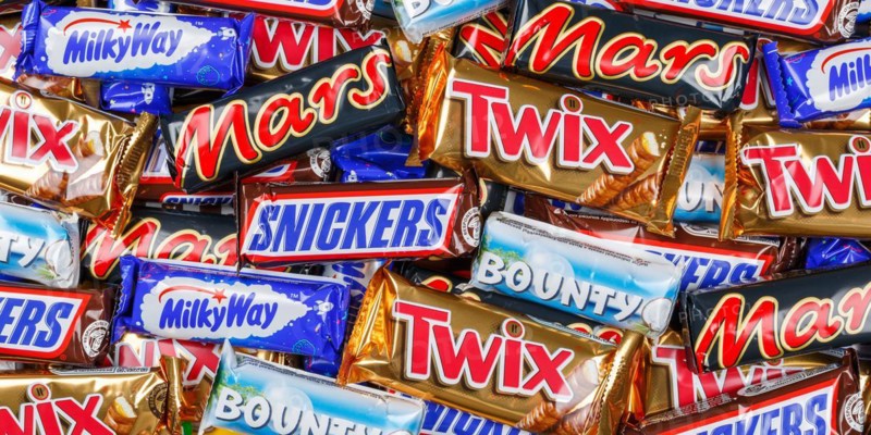 Mars Incorporated products such as Snickers chocolate bars, Twix, Milky Way and Bounty bars as background panorama