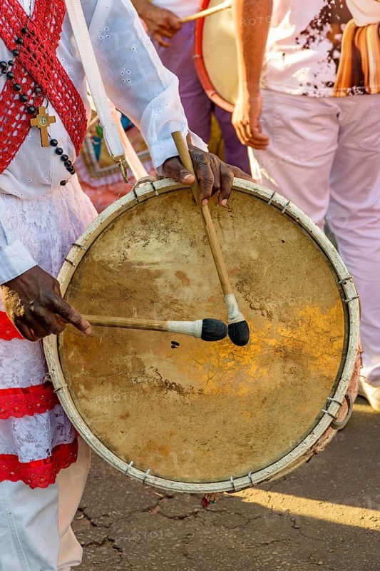 Drum player during a religious festival of Afro-Brazilian culture on the streets of Brazil, Belo Horizonte, Minas Gerais, Brazil, South America