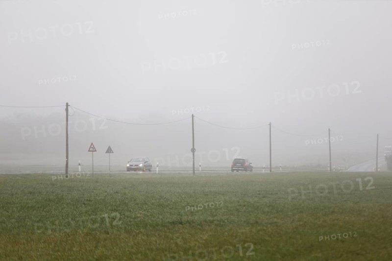 Cars drive over a country road with their lights on in dense fog, Neugarten, Brandenburg, 06.11.2024, Neugarten, Brandenburg, Germany, Europe