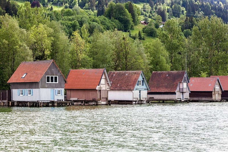 Boathouses in Bühl, Großer Alpsee, near Immenstadt, Oberallgäu, Allgäu, Bavaria, Germany, Europe